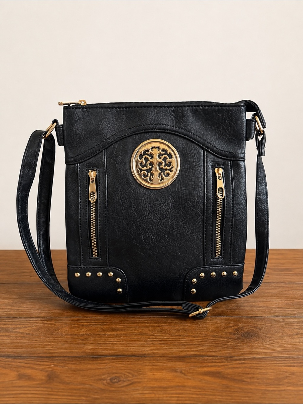 Black Crossbody Bag with Gold Accents
